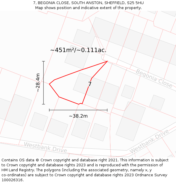 7, BEGONIA CLOSE, SOUTH ANSTON, SHEFFIELD, S25 5HU: Plot and title map