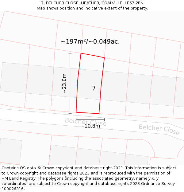7, BELCHER CLOSE, HEATHER, COALVILLE, LE67 2RN: Plot and title map