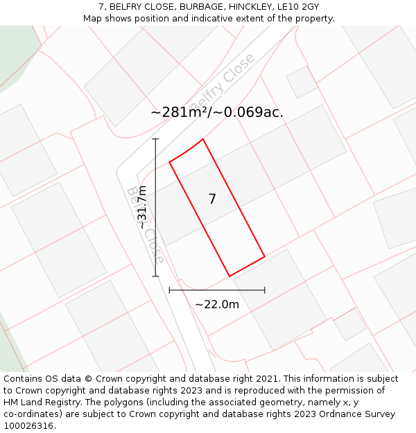 7, BELFRY CLOSE, BURBAGE, HINCKLEY, LE10 2GY: Plot and title map