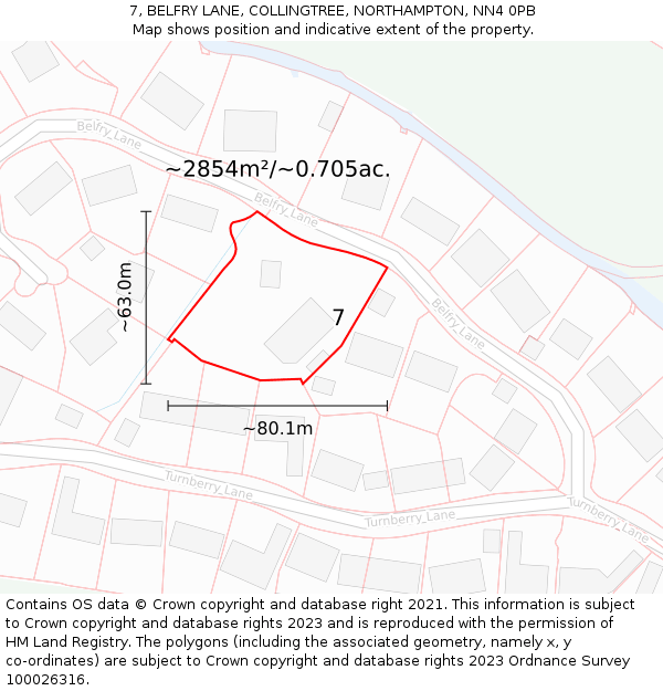 7, BELFRY LANE, COLLINGTREE, NORTHAMPTON, NN4 0PB: Plot and title map