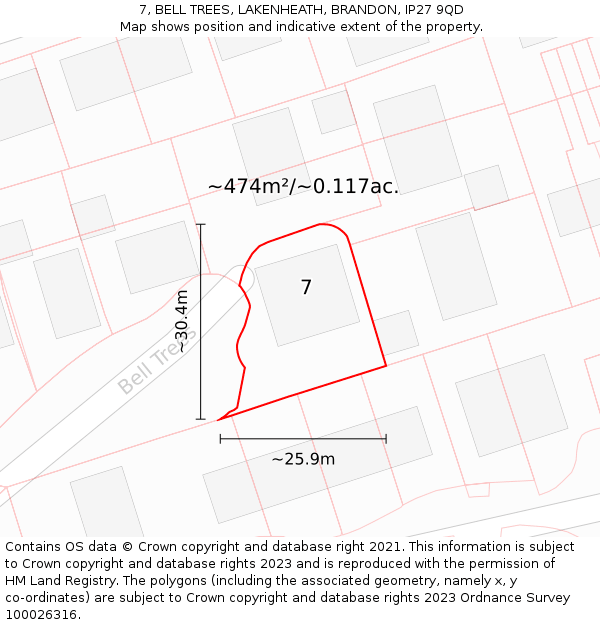 7, BELL TREES, LAKENHEATH, BRANDON, IP27 9QD: Plot and title map