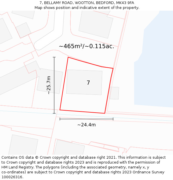 7, BELLAMY ROAD, WOOTTON, BEDFORD, MK43 9FA: Plot and title map