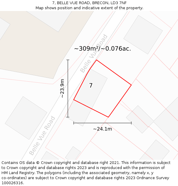 7, BELLE VUE ROAD, BRECON, LD3 7NF: Plot and title map