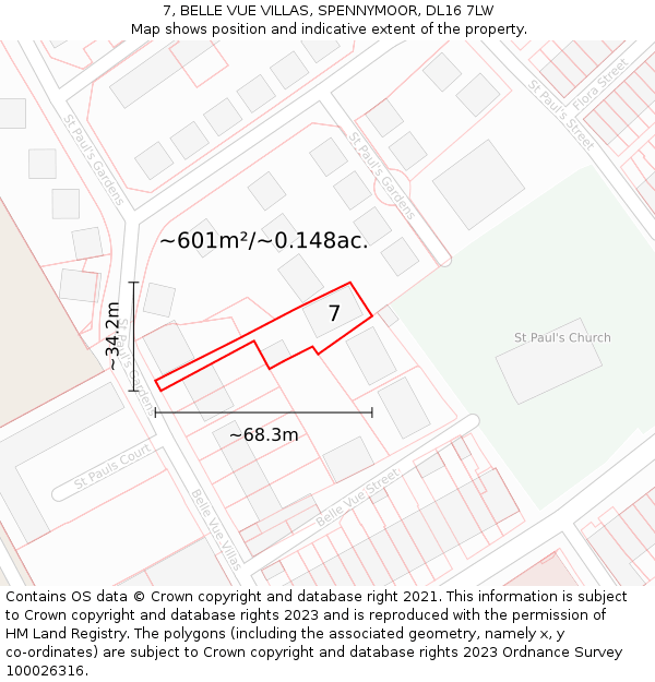 7, BELLE VUE VILLAS, SPENNYMOOR, DL16 7LW: Plot and title map