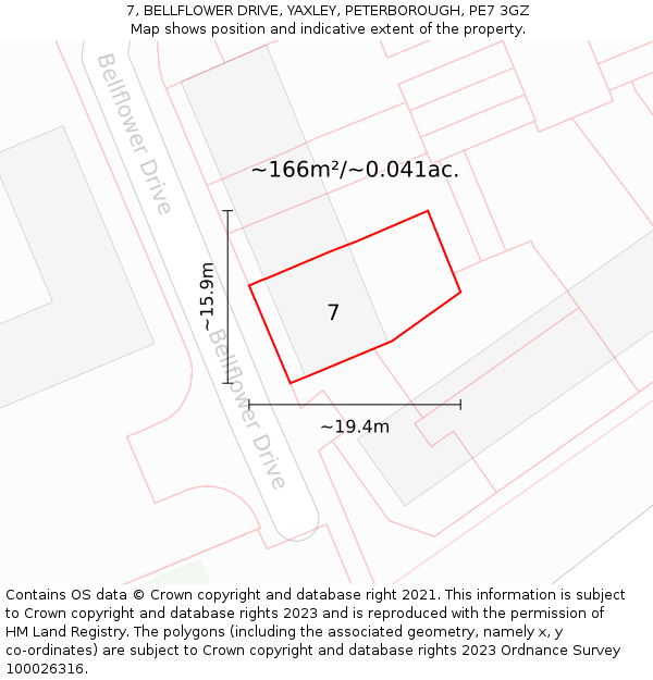 7, BELLFLOWER DRIVE, YAXLEY, PETERBOROUGH, PE7 3GZ: Plot and title map