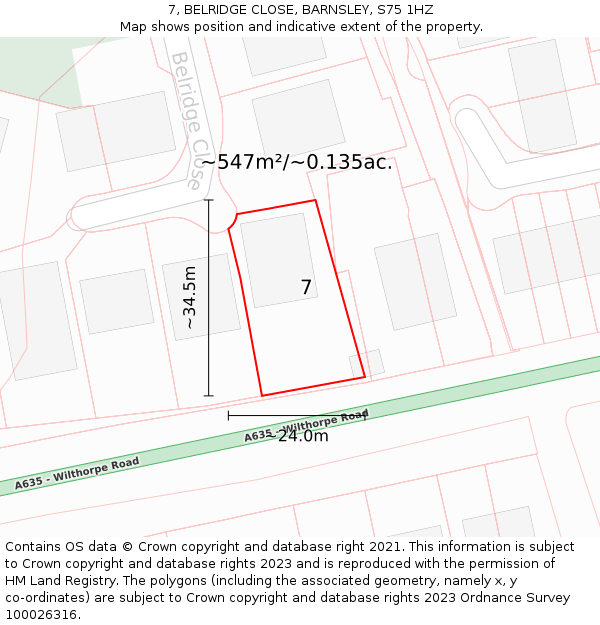 7, BELRIDGE CLOSE, BARNSLEY, S75 1HZ: Plot and title map