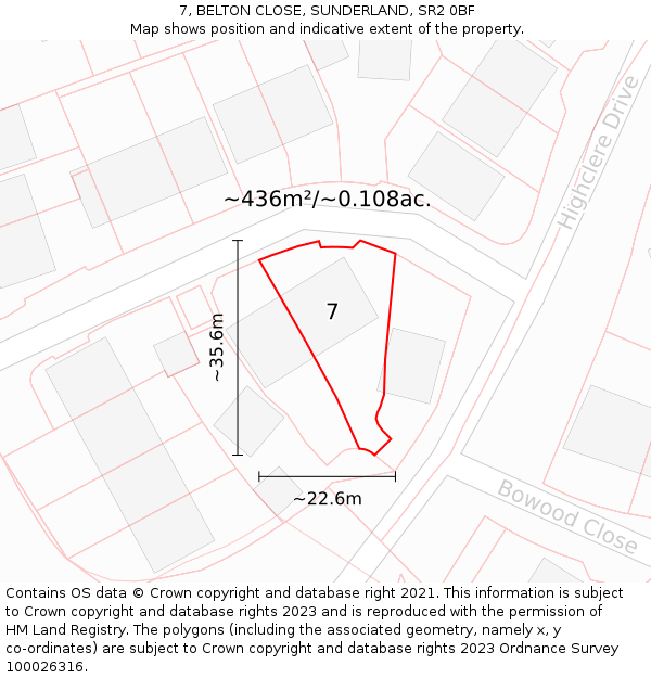 7, BELTON CLOSE, SUNDERLAND, SR2 0BF: Plot and title map