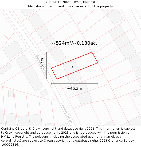 7, BENETT DRIVE, HOVE, BN3 6PL: Plot and title map