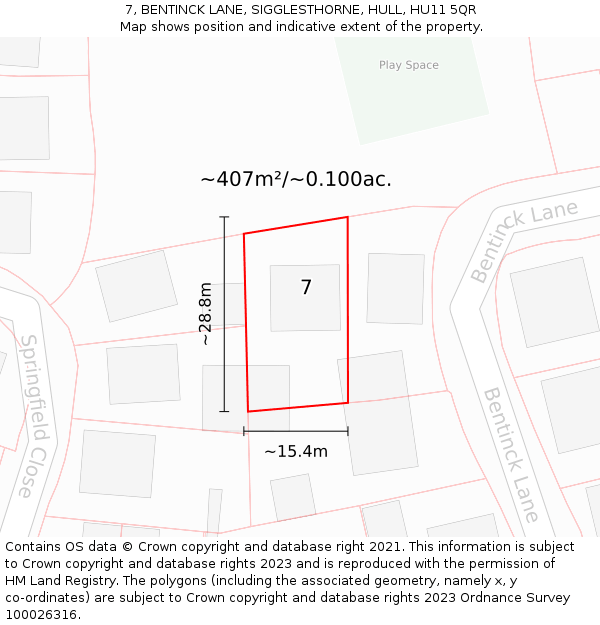 7, BENTINCK LANE, SIGGLESTHORNE, HULL, HU11 5QR: Plot and title map