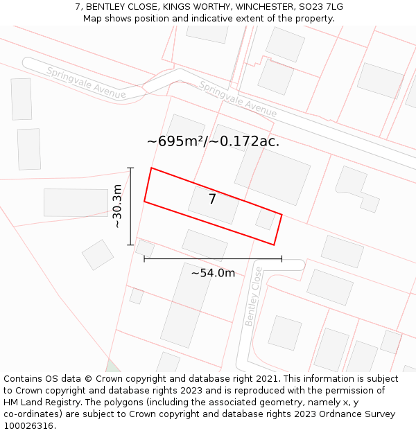 7, BENTLEY CLOSE, KINGS WORTHY, WINCHESTER, SO23 7LG: Plot and title map