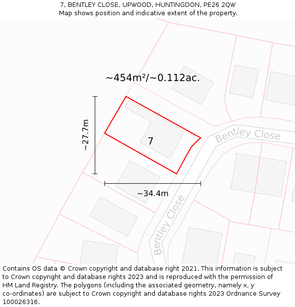 7, BENTLEY CLOSE, UPWOOD, HUNTINGDON, PE26 2QW: Plot and title map