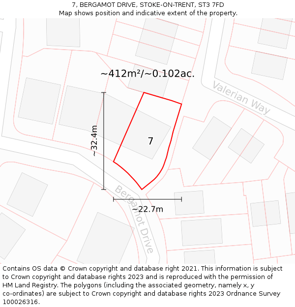 7, BERGAMOT DRIVE, STOKE-ON-TRENT, ST3 7FD: Plot and title map