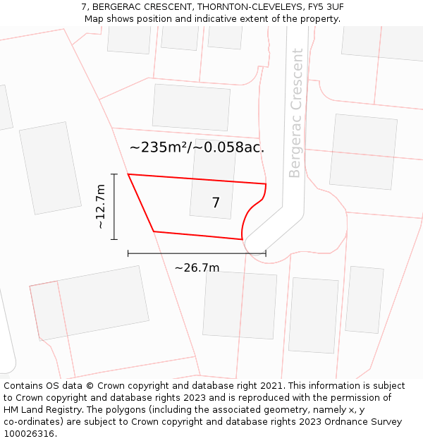 7, BERGERAC CRESCENT, THORNTON-CLEVELEYS, FY5 3UF: Plot and title map