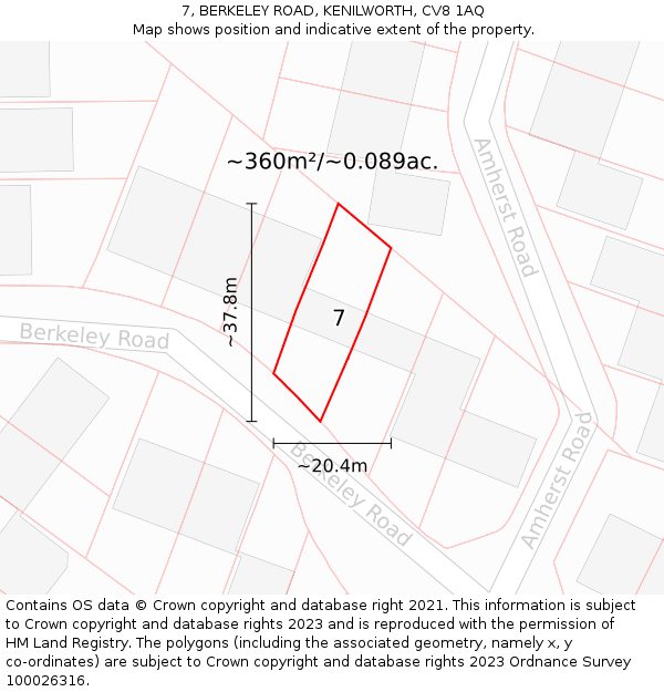 7, BERKELEY ROAD, KENILWORTH, CV8 1AQ: Plot and title map