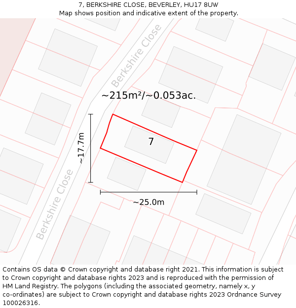 7, BERKSHIRE CLOSE, BEVERLEY, HU17 8UW: Plot and title map