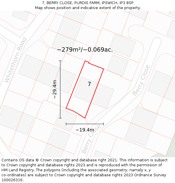 7, BERRY CLOSE, PURDIS FARM, IPSWICH, IP3 8SP: Plot and title map