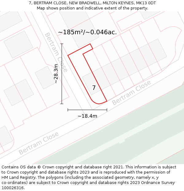 7, BERTRAM CLOSE, NEW BRADWELL, MILTON KEYNES, MK13 0DT: Plot and title map