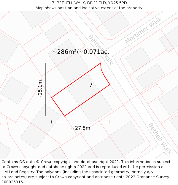 7, BETHELL WALK, DRIFFIELD, YO25 5PD: Plot and title map