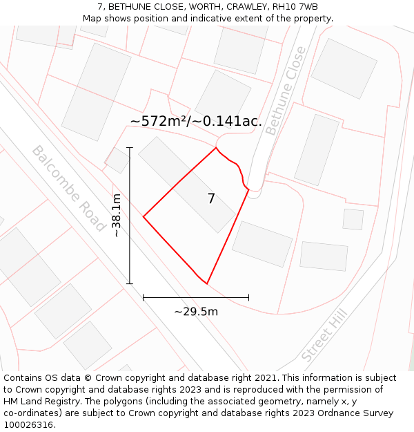 7, BETHUNE CLOSE, WORTH, CRAWLEY, RH10 7WB: Plot and title map