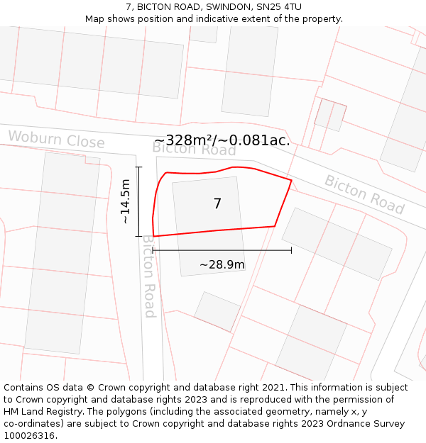 7, BICTON ROAD, SWINDON, SN25 4TU: Plot and title map