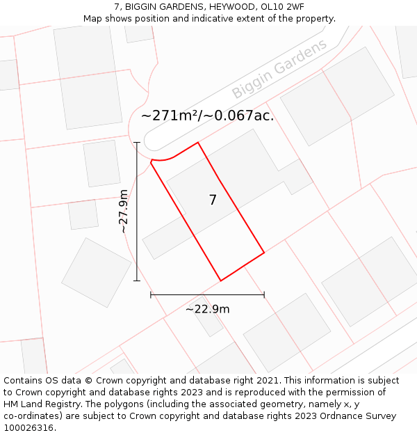 7, BIGGIN GARDENS, HEYWOOD, OL10 2WF: Plot and title map