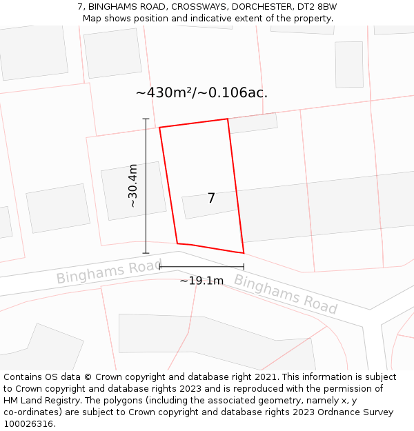 7, BINGHAMS ROAD, CROSSWAYS, DORCHESTER, DT2 8BW: Plot and title map