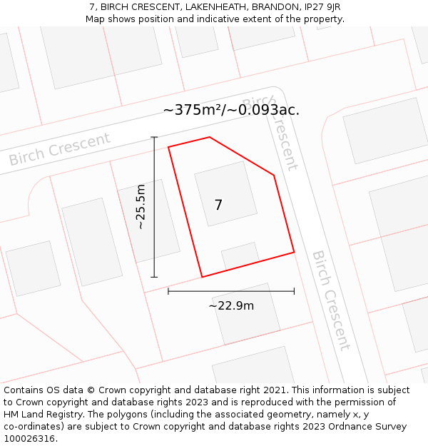 7, BIRCH CRESCENT, LAKENHEATH, BRANDON, IP27 9JR: Plot and title map