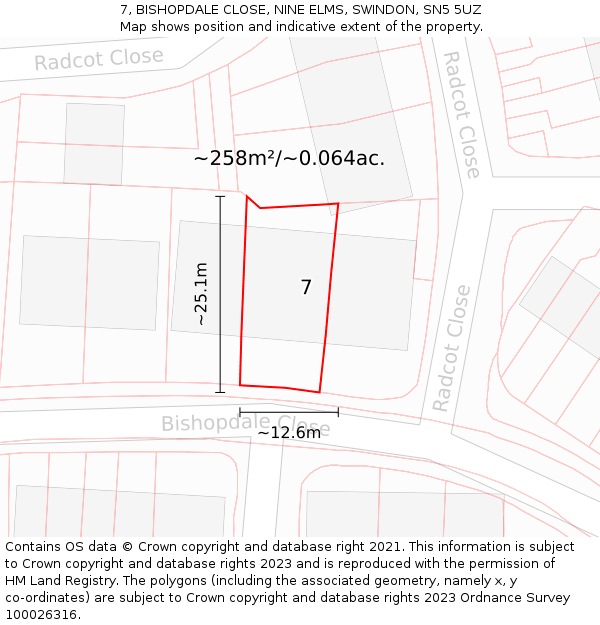 7, BISHOPDALE CLOSE, NINE ELMS, SWINDON, SN5 5UZ: Plot and title map