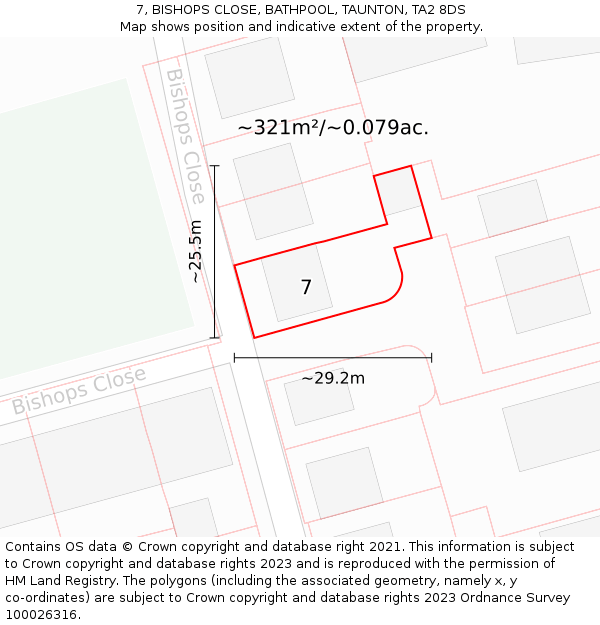 7, BISHOPS CLOSE, BATHPOOL, TAUNTON, TA2 8DS: Plot and title map