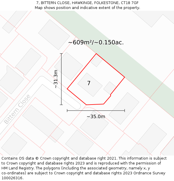 7, BITTERN CLOSE, HAWKINGE, FOLKESTONE, CT18 7GF: Plot and title map