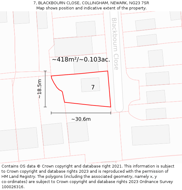 7, BLACKBOURN CLOSE, COLLINGHAM, NEWARK, NG23 7SR: Plot and title map