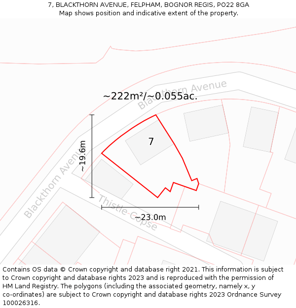 7, BLACKTHORN AVENUE, FELPHAM, BOGNOR REGIS, PO22 8GA: Plot and title map