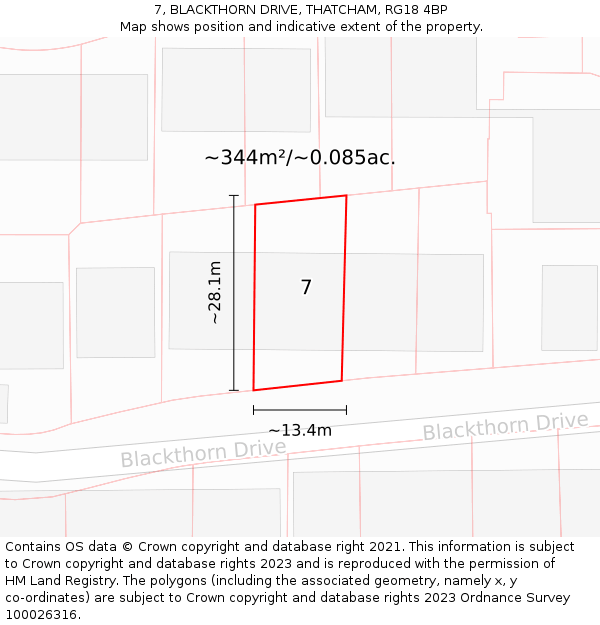 7, BLACKTHORN DRIVE, THATCHAM, RG18 4BP: Plot and title map