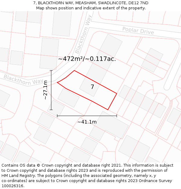 7, BLACKTHORN WAY, MEASHAM, SWADLINCOTE, DE12 7ND: Plot and title map