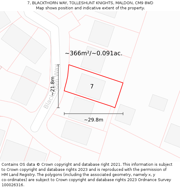 7, BLACKTHORN WAY, TOLLESHUNT KNIGHTS, MALDON, CM9 8WD: Plot and title map