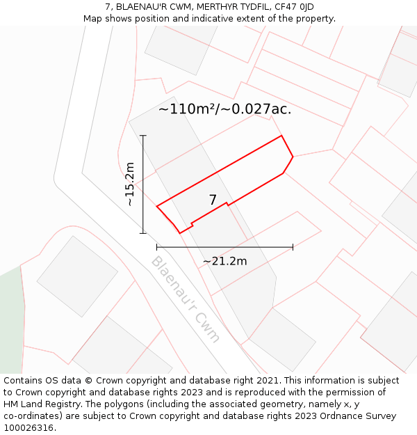 7, BLAENAU'R CWM, MERTHYR TYDFIL, CF47 0JD: Plot and title map