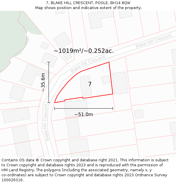 7, BLAKE HILL CRESCENT, POOLE, BH14 8QW: Plot and title map