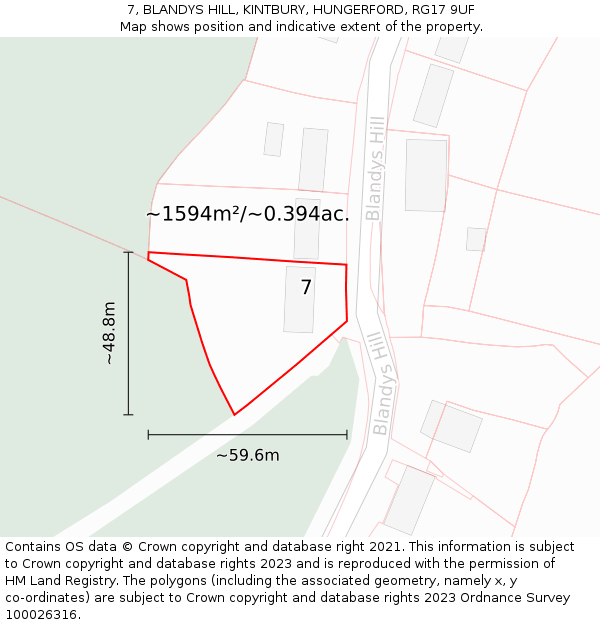 7, BLANDYS HILL, KINTBURY, HUNGERFORD, RG17 9UF: Plot and title map