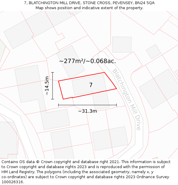 7, BLATCHINGTON MILL DRIVE, STONE CROSS, PEVENSEY, BN24 5QA: Plot and title map