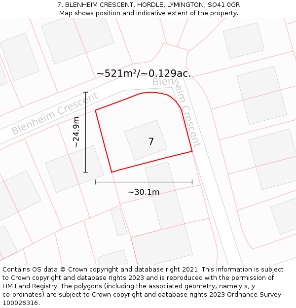 7, BLENHEIM CRESCENT, HORDLE, LYMINGTON, SO41 0GR: Plot and title map