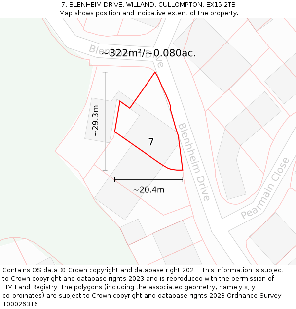 7, BLENHEIM DRIVE, WILLAND, CULLOMPTON, EX15 2TB: Plot and title map