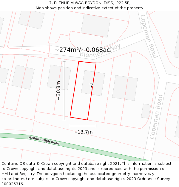 7, BLENHEIM WAY, ROYDON, DISS, IP22 5RJ: Plot and title map
