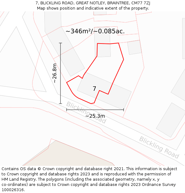 7, BLICKLING ROAD, GREAT NOTLEY, BRAINTREE, CM77 7ZJ: Plot and title map