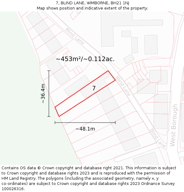 7, BLIND LANE, WIMBORNE, BH21 1NJ: Plot and title map