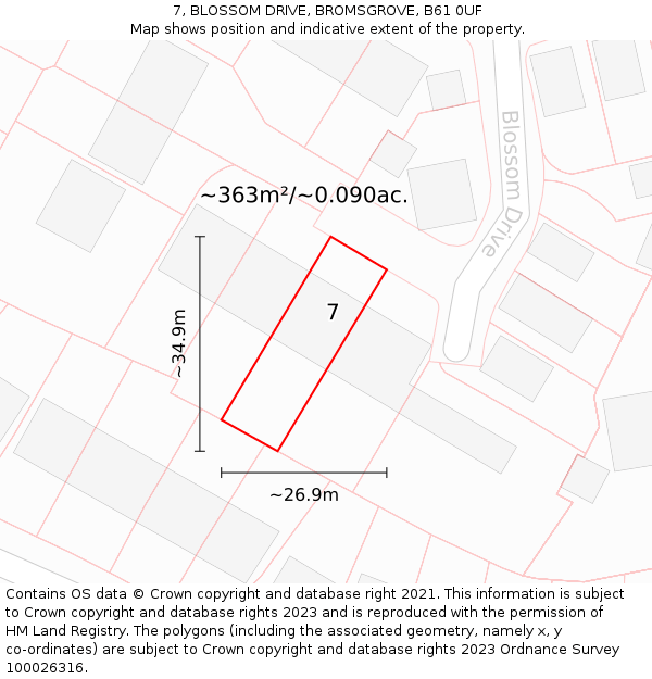 7, BLOSSOM DRIVE, BROMSGROVE, B61 0UF: Plot and title map