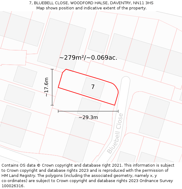 7, BLUEBELL CLOSE, WOODFORD HALSE, DAVENTRY, NN11 3HS: Plot and title map