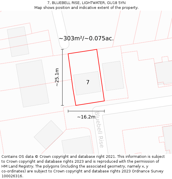 7, BLUEBELL RISE, LIGHTWATER, GU18 5YN: Plot and title map