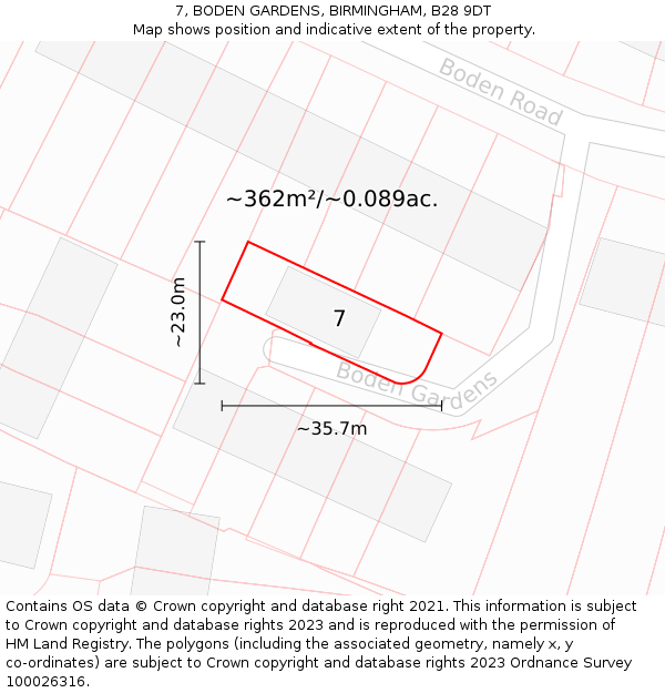 7, BODEN GARDENS, BIRMINGHAM, B28 9DT: Plot and title map