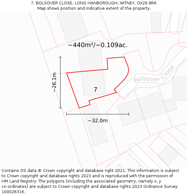 7, BOLSOVER CLOSE, LONG HANBOROUGH, WITNEY, OX29 8RA: Plot and title map