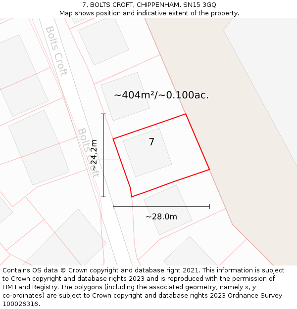 7, BOLTS CROFT, CHIPPENHAM, SN15 3GQ: Plot and title map